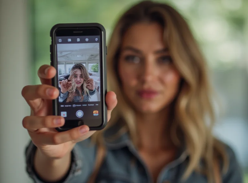 A person holding a smartphone taking a selfie, with Facebook and Instagram interfaces blurred in the background.