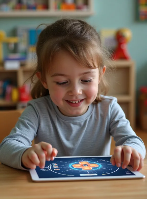 A young child sitting at a desk, using a tablet with a chatbot interface displayed on the screen. The child is smiling and appears engaged with the AI