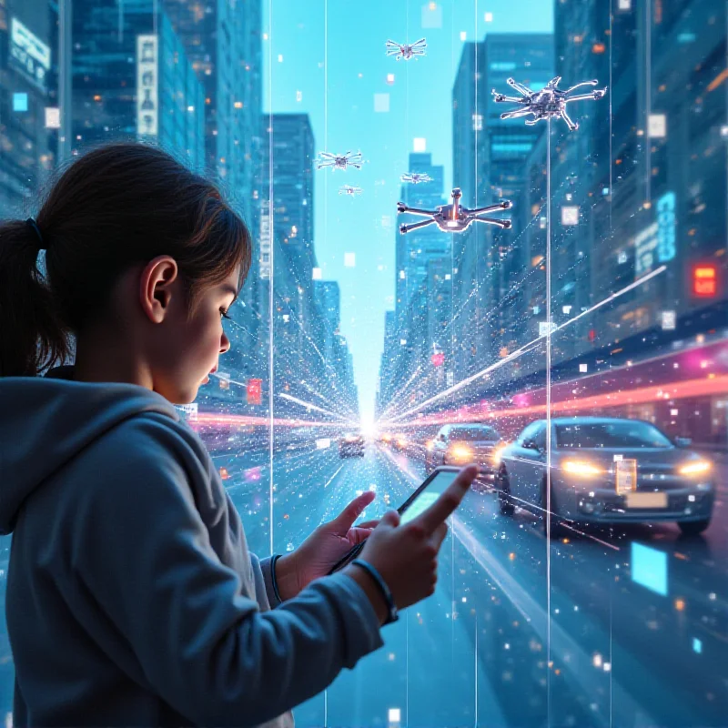 A split screen showing a child using a tablet on one side and a futuristic cityscape filled with AI-powered devices on the other, symbolizing the integration of AI into the future