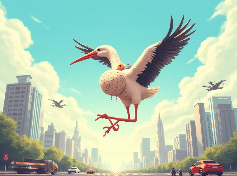 A digital painting depicting a stork carrying a baby with a binary code pattern on its blanket, hovering over a futuristic cityscape with self-driving cars and flying drones