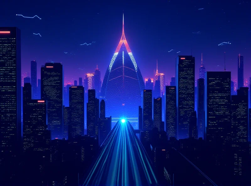 A futuristic cityscape with Anthropic's logo subtly integrated, representing global expansion and technological advancement.