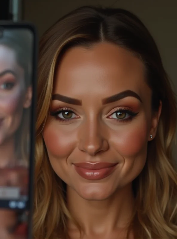 A woman virtually trying on makeup using Google's AR feature on her smartphone, with various makeup products displayed on the screen.