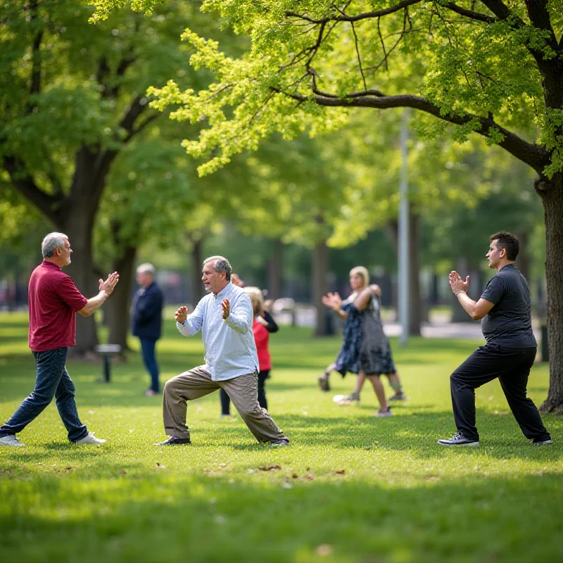 A person practicing tai chi in a park, focusing on balance and coordination.