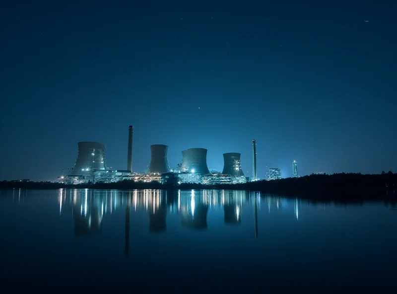 Nuclear power plant at night, reflecting in water