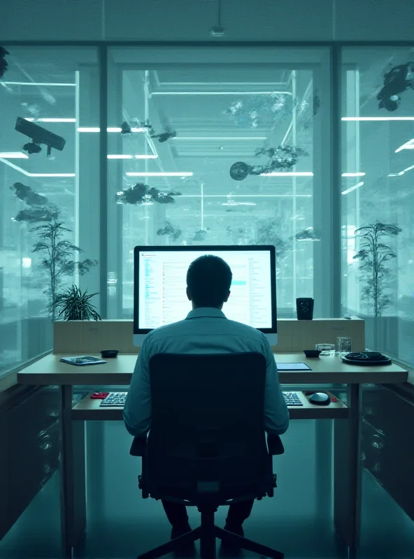 An office worker being monitored by various surveillance technologies.