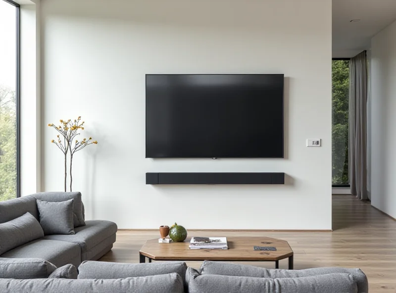 A modern living room setup with a Dolby Atmos soundbar and large screen TV, showcasing immersive audio.