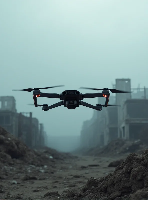 A futuristic drone equipped with advanced AI technology, hovering over a war-torn landscape.