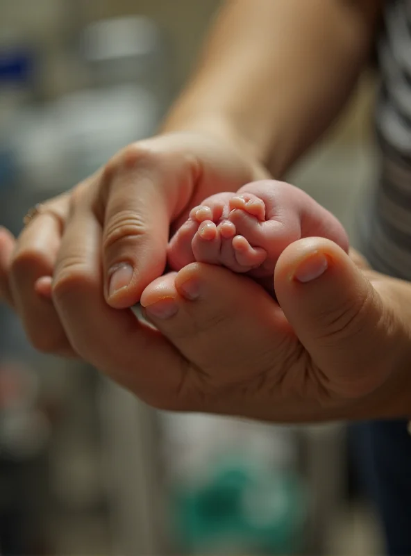 A heartwarming image of a parent holding a premature baby's hand in a NICU setting.