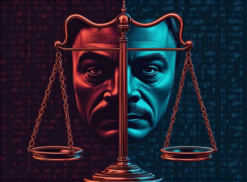 A stylized image representing the legal battle between Elon Musk and OpenAI, depicting scales of justice and binary code.