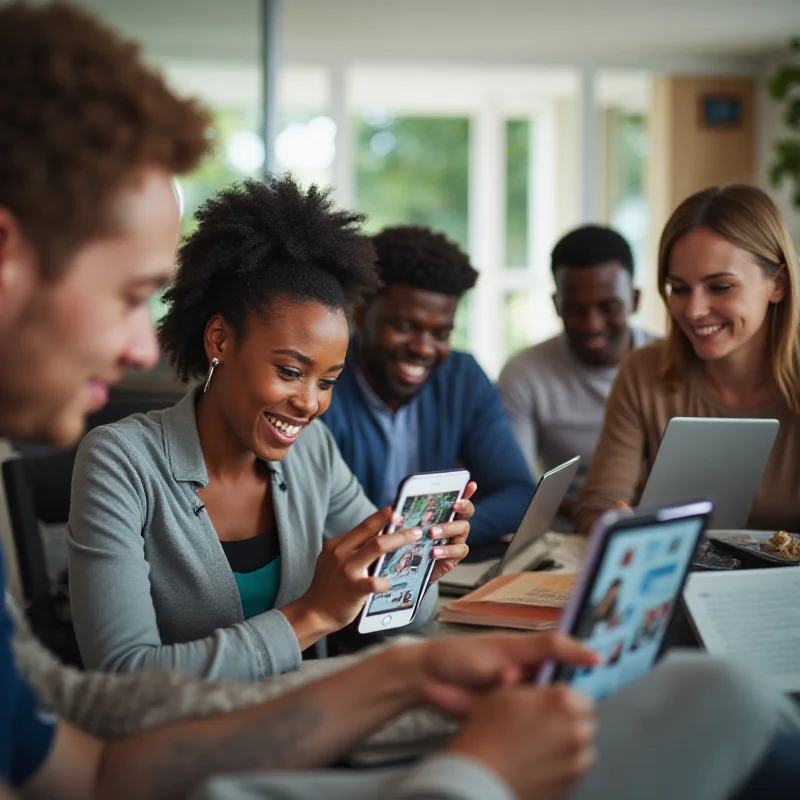 A diverse group of people interacting with AI chatbots on various devices.