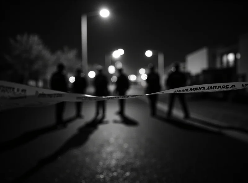 A black and white photo of a crime scene at night with police tape.