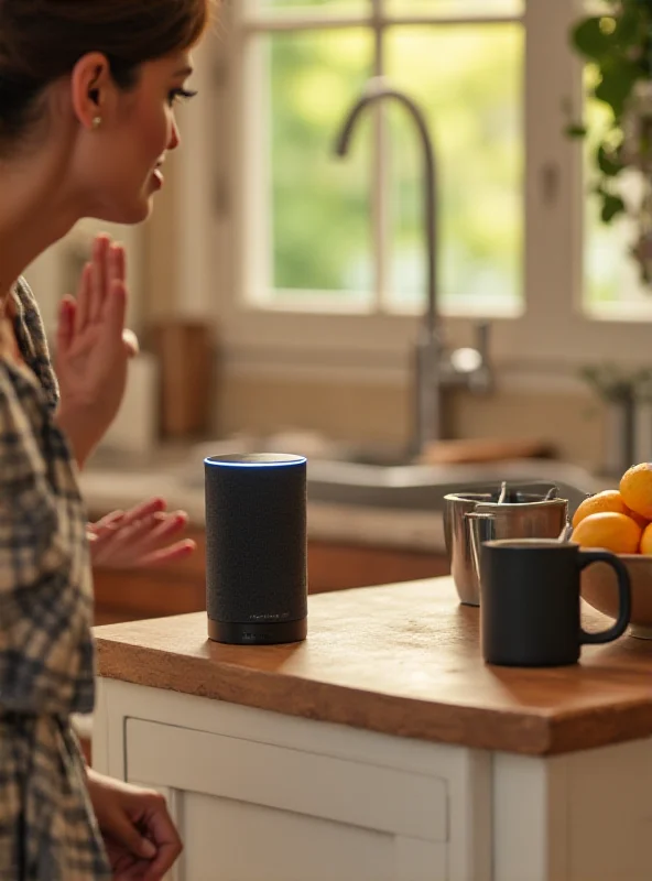 A person interacting with an Amazon Echo device, speaking to the Alexa voice assistant.