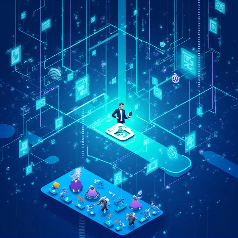 A stylized, futuristic image representing the AI landscape, with interconnected nodes and flowing data streams. The scene is dynamic and suggests innovation and competition.