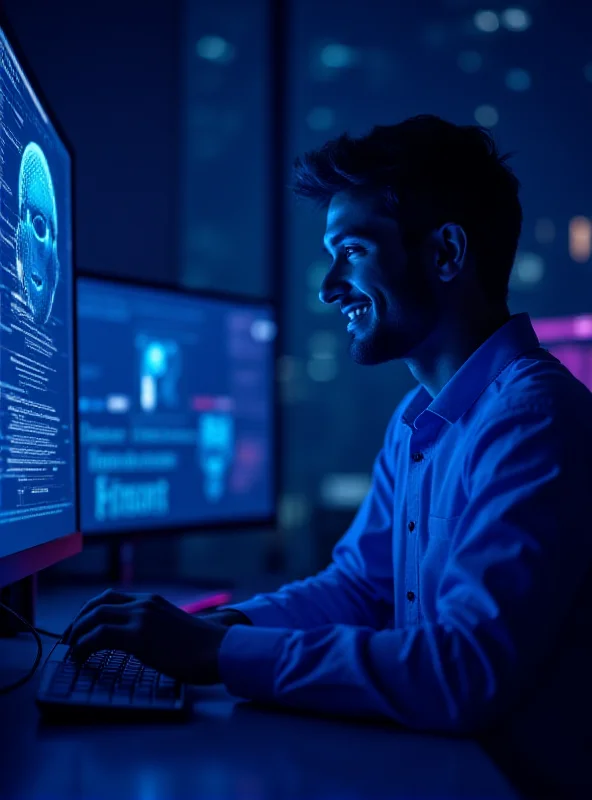 A person using a computer, with a futuristic interface displaying lines of code and AI-generated images. The scene is bathed in blue and purple light, creating a sense of technological advancement.