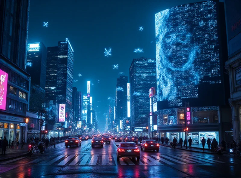 A futuristic cityscape at night, with holographic projections of AI models and data streams overlaid on the buildings. The scene is dynamic and vibrant, representing the fast-paced development of AI technology.