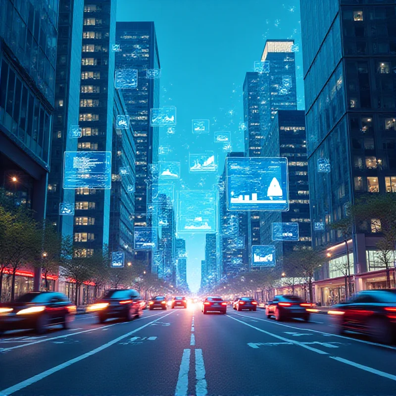 A futuristic cityscape with holographic AI interfaces overlayed on buildings and vehicles.