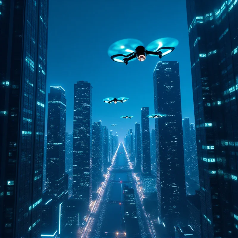 A futuristic cityscape with AI drones flying around, representing the integration of AI into various aspects of modern life.