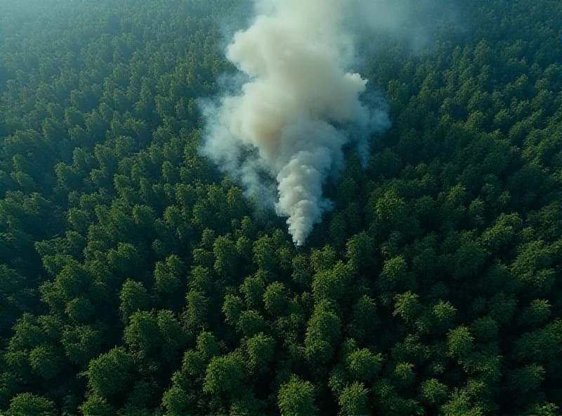 Satellite view of a forest with smoke rising