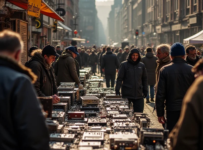 A bustling electronics flea market scene