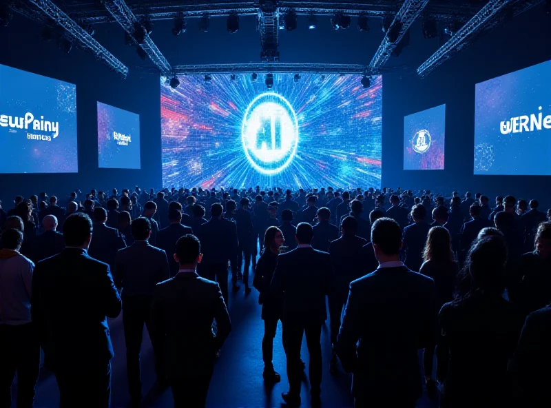 A bustling conference hall filled with people networking and attending presentations on AI technology. The background features large screens displaying AI-related graphics and the logos of sponsoring companies.