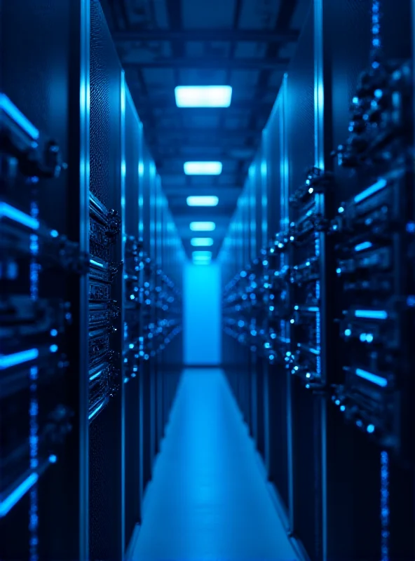 Conceptual image of a server room with blinking lights representing data flow and AI processing.