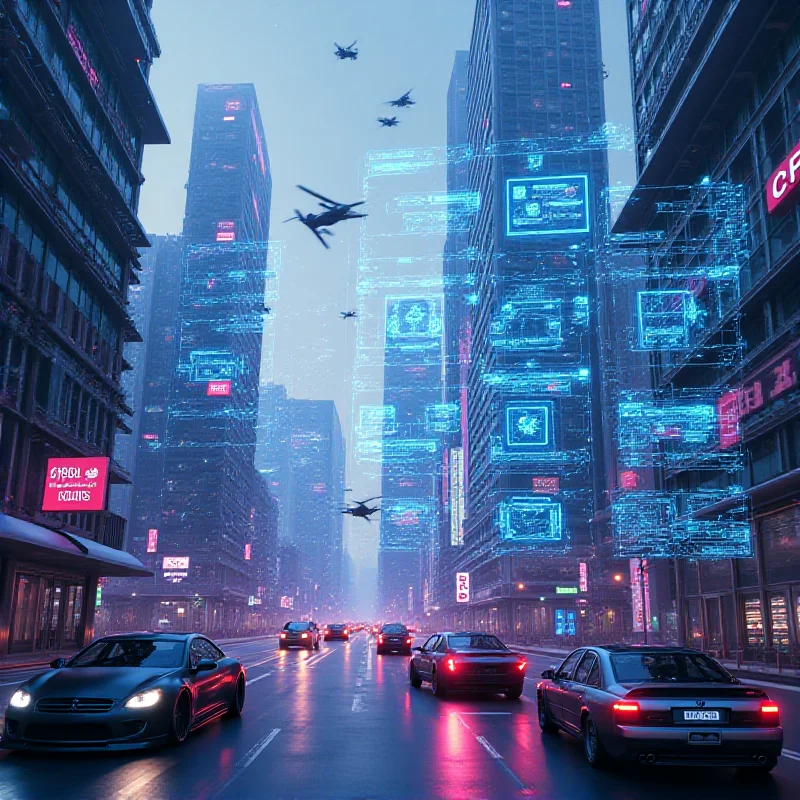 A futuristic cityscape with holographic AI interfaces overlayed, representing the integration of AI into everyday life.