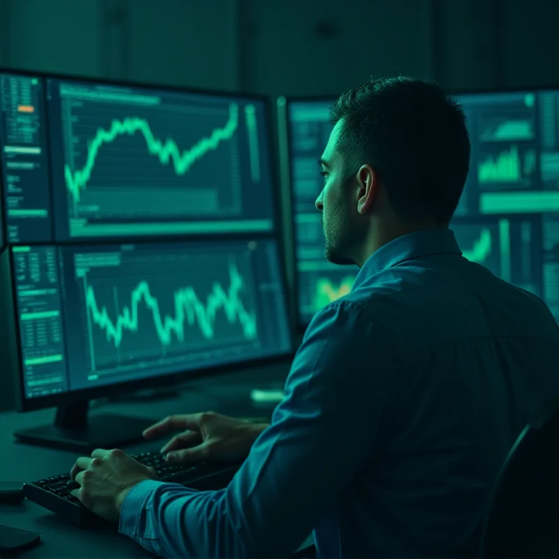 A person analyzing stock charts on multiple computer screens, indicating investment research and decision-making.