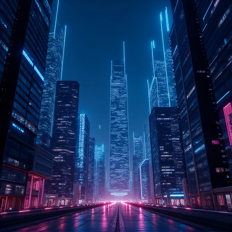 A futuristic cityscape with glowing lines representing data streams and AI networks, symbolizing the impact of AI on urban environments.