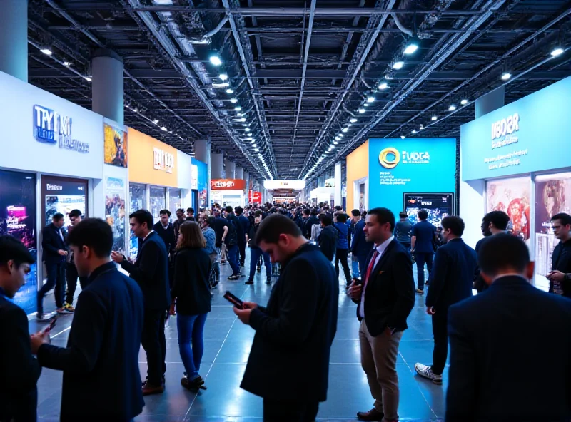 Wide shot of a bustling exhibition hall at Mobile World Congress, showcasing numerous booths and attendees engaging with the latest mobile technologies.