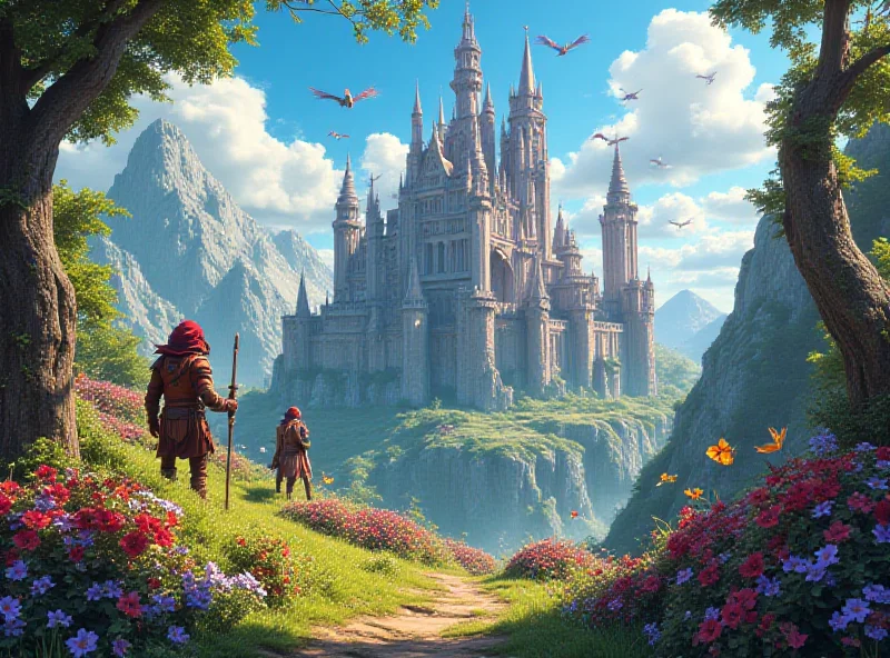 A vibrant scene of a fantasy world, with mythical creatures and towering castles, rendered in a video game style.