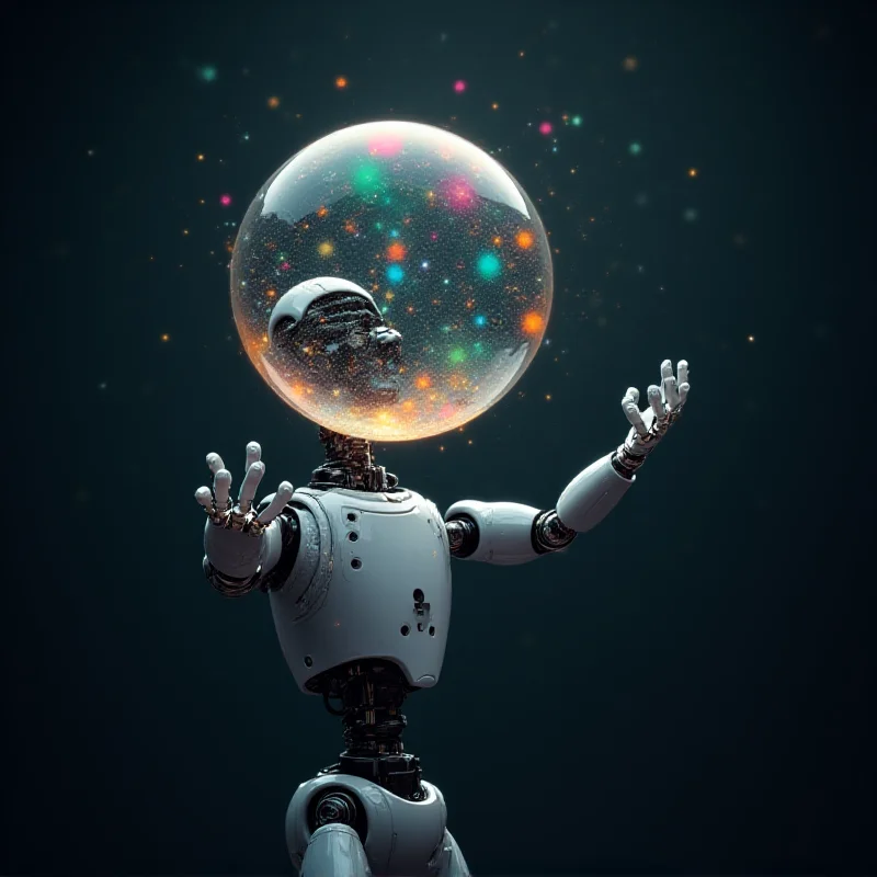 A symbolic representation of a creative bubble, with colorful ideas and innovations trapped inside, and an AI robot reaching out to either burst it or reinforce it.