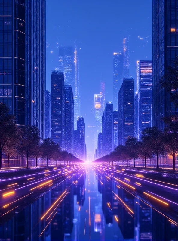 A futuristic cityscape with glowing lines representing data flow and trading activity.