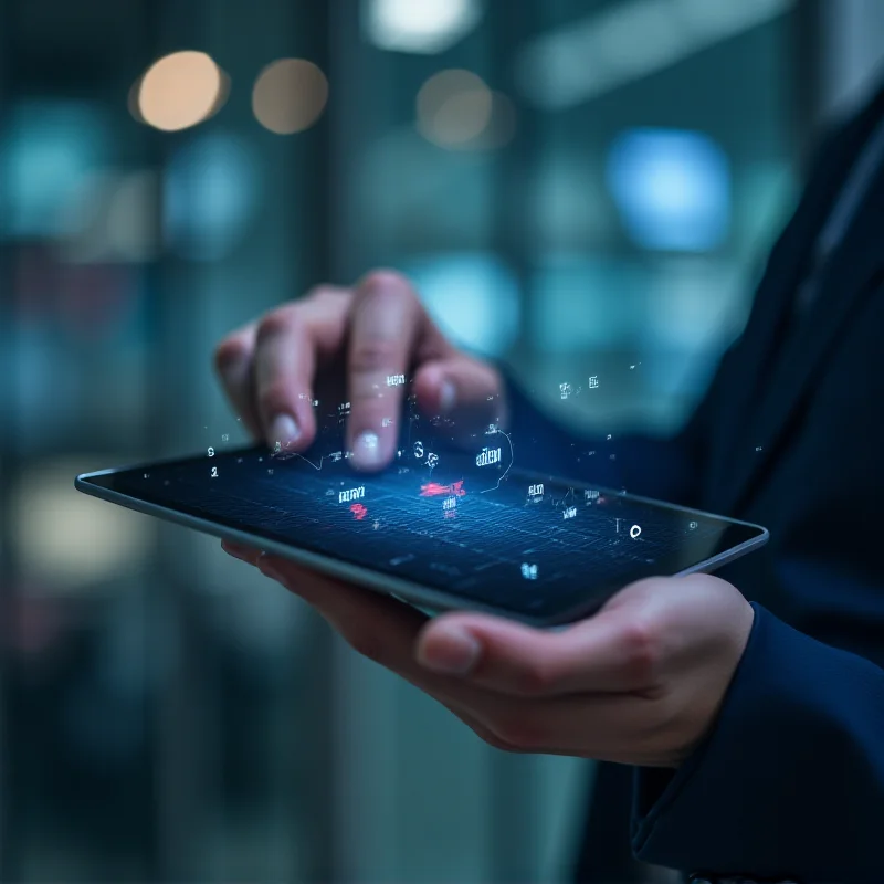 A close-up of a person's hands using a tablet with trading charts and AI icons displayed on the screen.