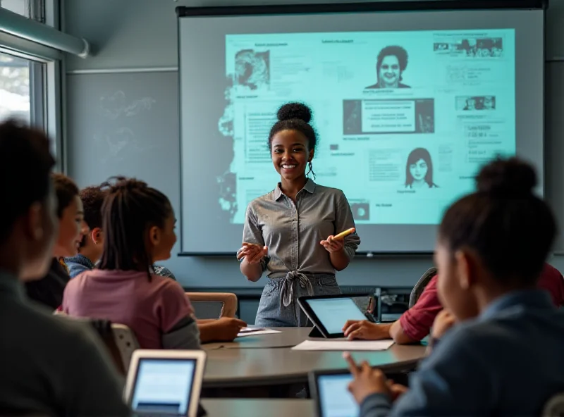 Students collaborating on a project using AI-powered tools in a modern classroom.