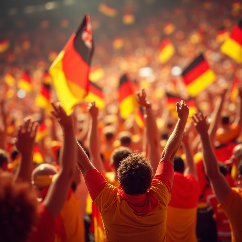 A cheering crowd waving German flags in support of their athletes.