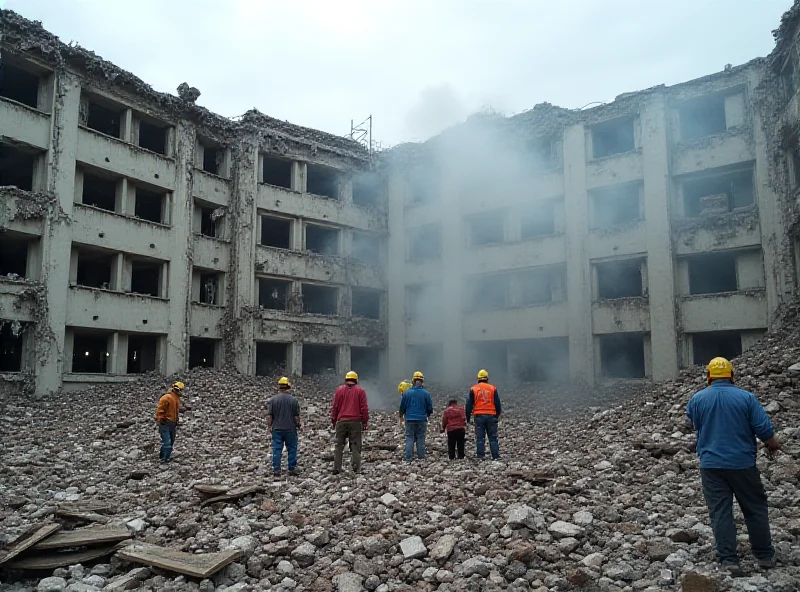 Damaged hotel building in Kryvyi Rih after a missile strike, with rescue workers searching through the rubble.