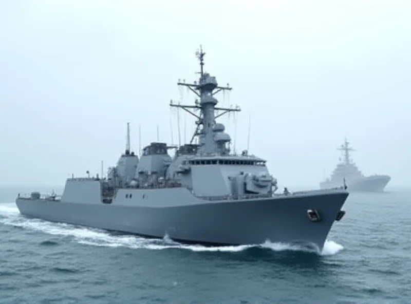 A Russian warship sailing in the North Sea, with a cargo ship visible in the distance.