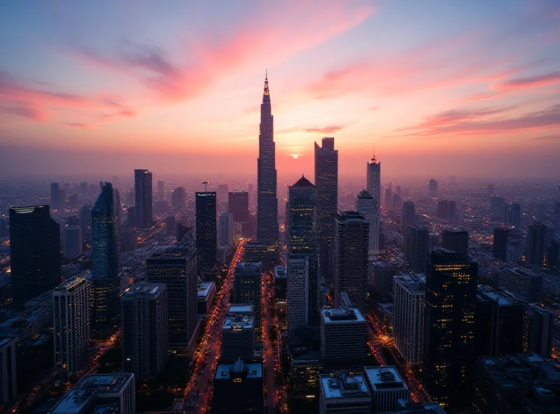 Aerial view of a bustling Southeast Asian city skyline at sunset.