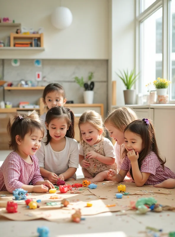 A diverse group of children playing happily in a bright and modern daycare center.