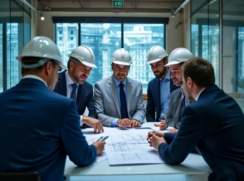 A group of professionals (men and women) reviewing construction plans in a modern office setting.