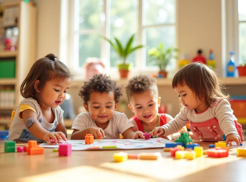 A diverse group of children playing in a modern, well-equipped daycare center, symbolizing investment in care infrastructure.