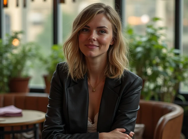 Aimee Lou Wood smiling warmly in a yoga cafe in London