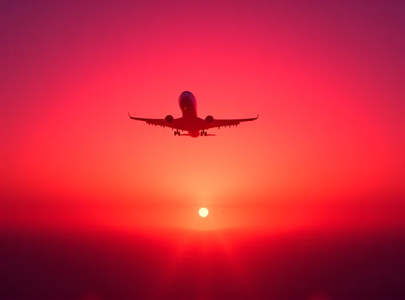 An airplane taking off into a vibrant sunset sky.