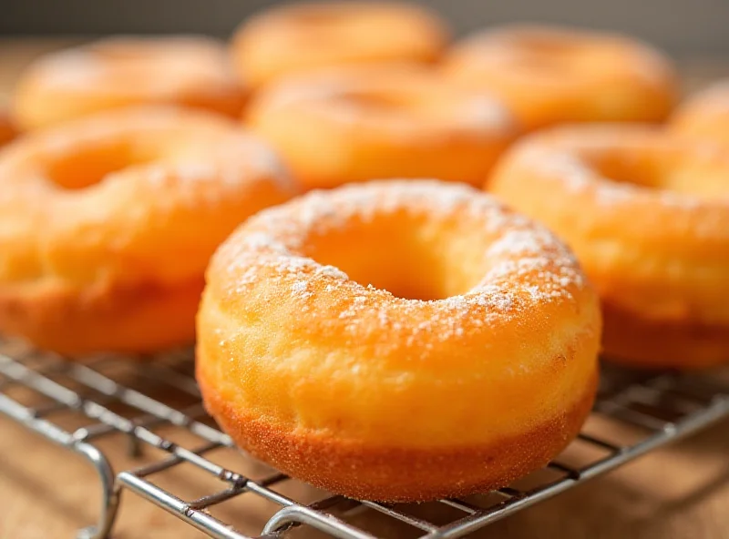 Close-up shot of golden-brown air-fried doughnuts arranged on a wire rack.