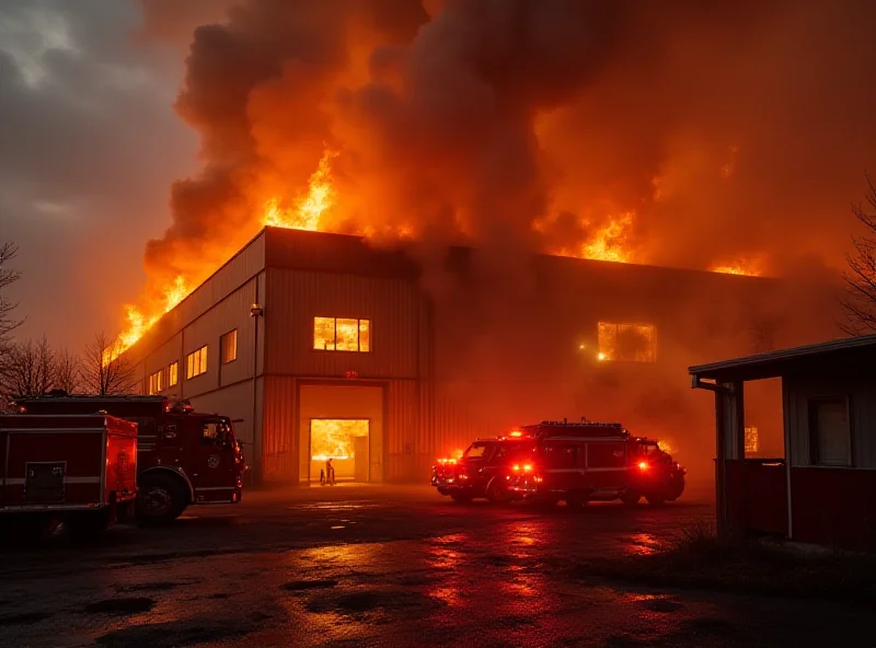 Exterior shot of a large warehouse engulfed in flames with firefighters battling the blaze.