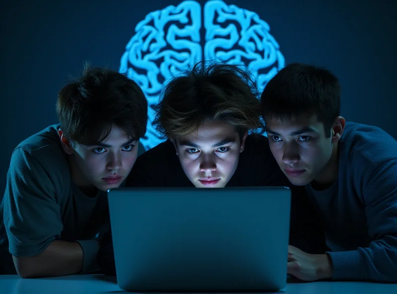 Three teenagers huddle around a laptop, looking mischievous and secretive, with a stylized AI brain graphic in the background.