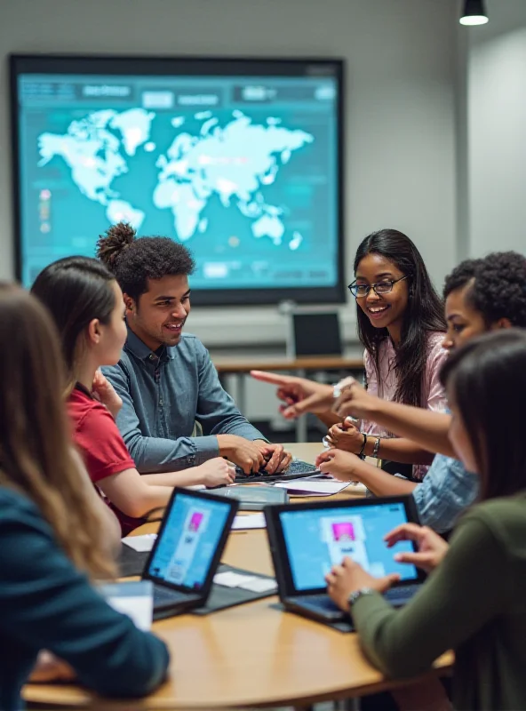 A diverse group of students collaborating on a project using AI tools in a modern classroom setting.