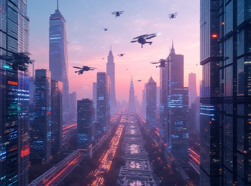 Futuristic cityscape with holographic AI interfaces overlaying buildings, representing the integration of AI into daily life.