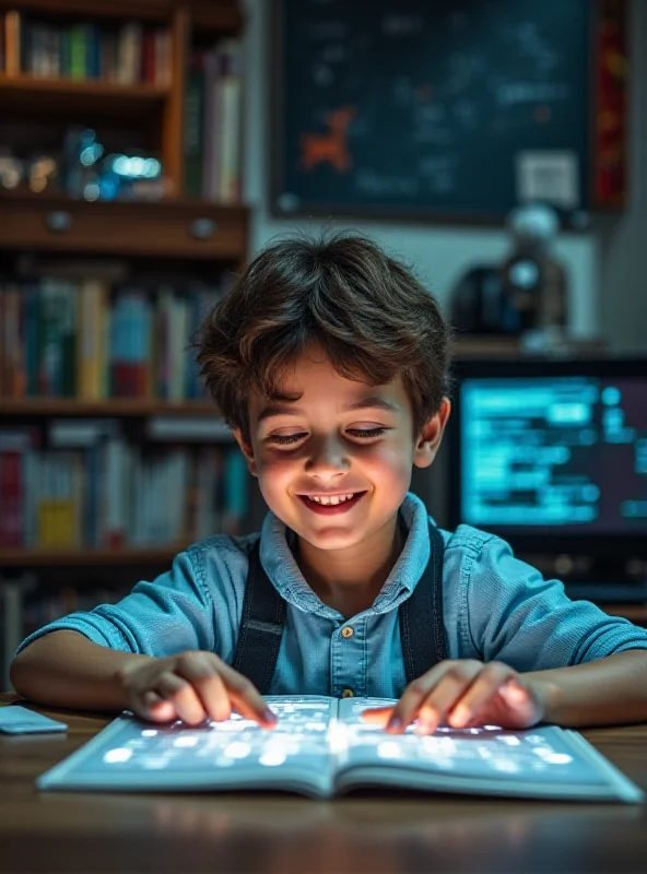 A young boy sitting at a desk, smiling while interacting with a futuristic holographic AI interface. Focus on the boy's face and the AI interface.