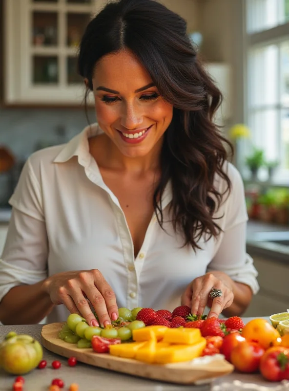 Close-up shot of Meghan Markle smiling warmly while arranging colorful fruit on a platter, with a kitchen setting in the background.